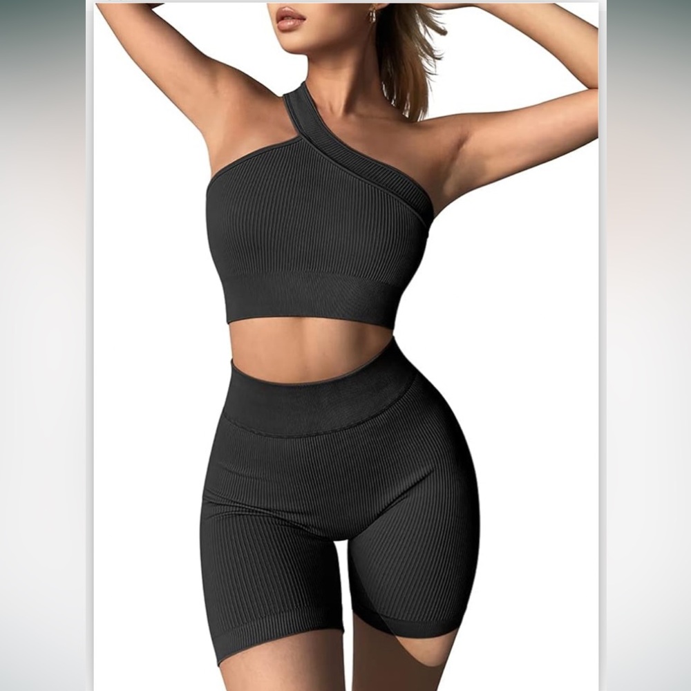 One-Shoulder Black Ribbed Bike Shorts Set